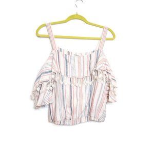 Takara Womens Cropped Linen Blend Striped Top Sz XL Beach Pom Summer